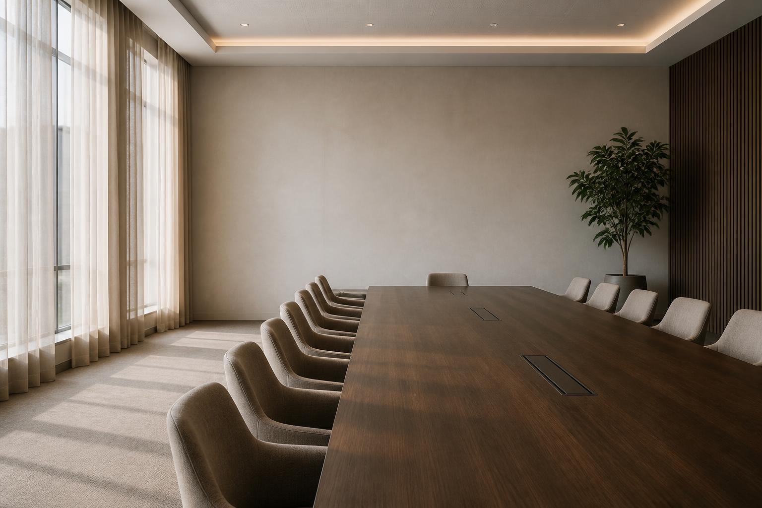 Upscale conference room with open space and soft window light.