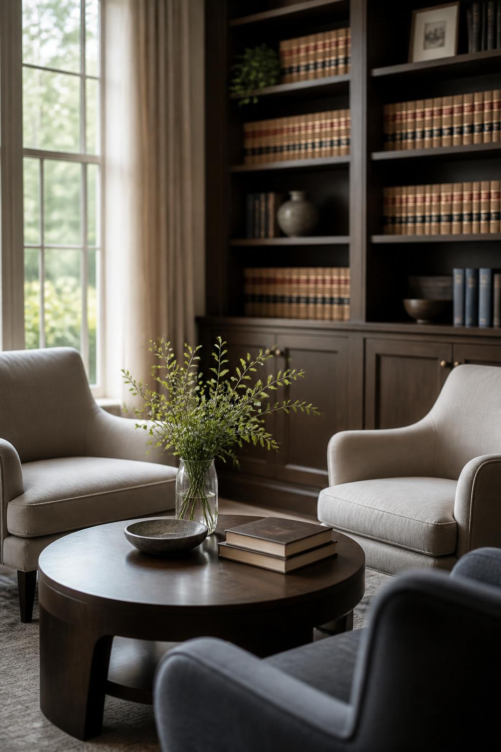 Contemporary legal library with shelves, soft light, and a calm atmosphere.