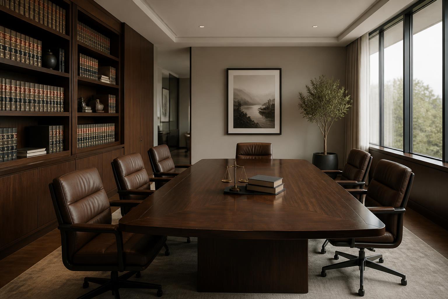Modern law office conference room with warm wood accents and natural light.